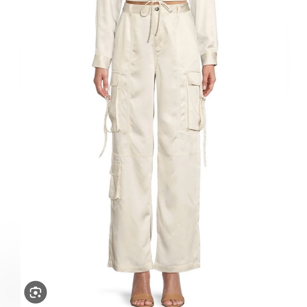 Cream Wide-Leg Cargo Trousers with Drawstring Waist